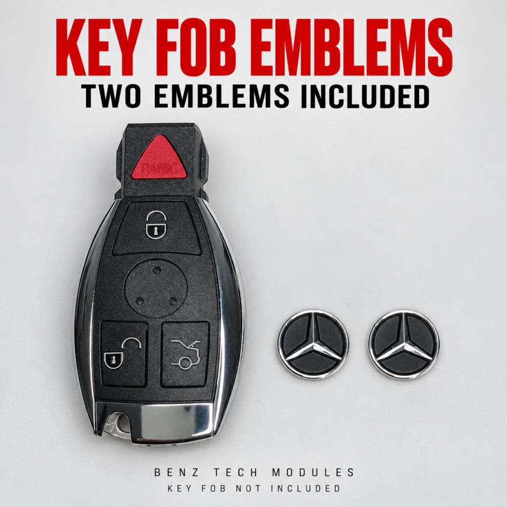 Two replacement Mercedes key fob emblems beside an example key fob; key fob not included