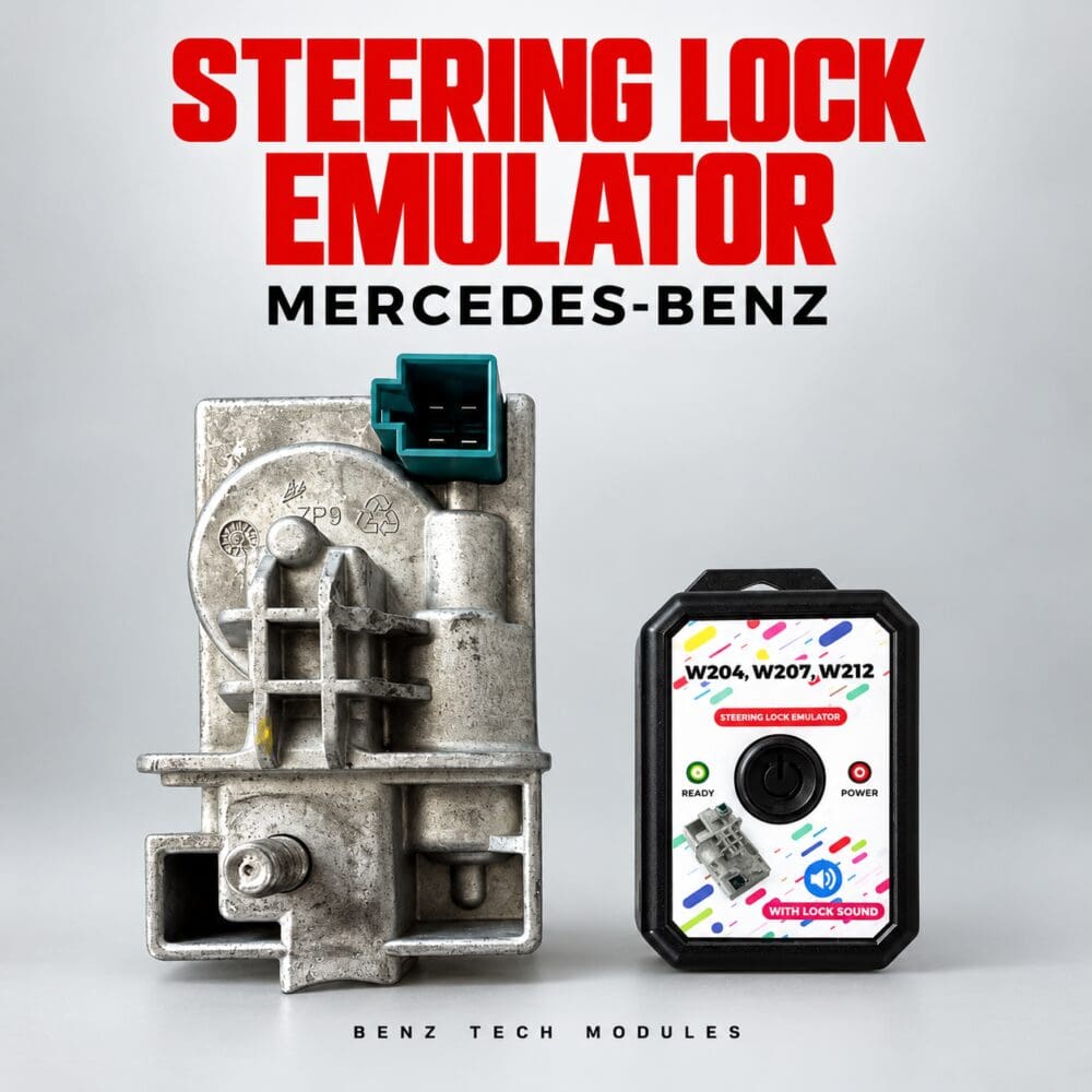 Mercedes-Benz electronic steering lock beside a replacement ESL emulator — Benz Tech Modules