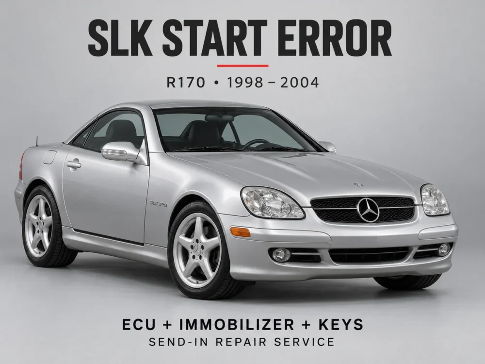 Mercedes SLK R170 Start Error send-in repair service, silver roadster on gray background, ECU immobilizer and keys required